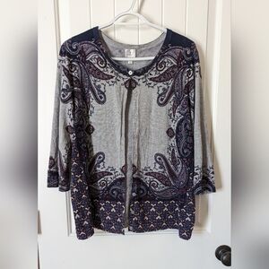Women's Button Cardigan Sweater Paisley Floral 3/4 Sleeve Grey Purpl